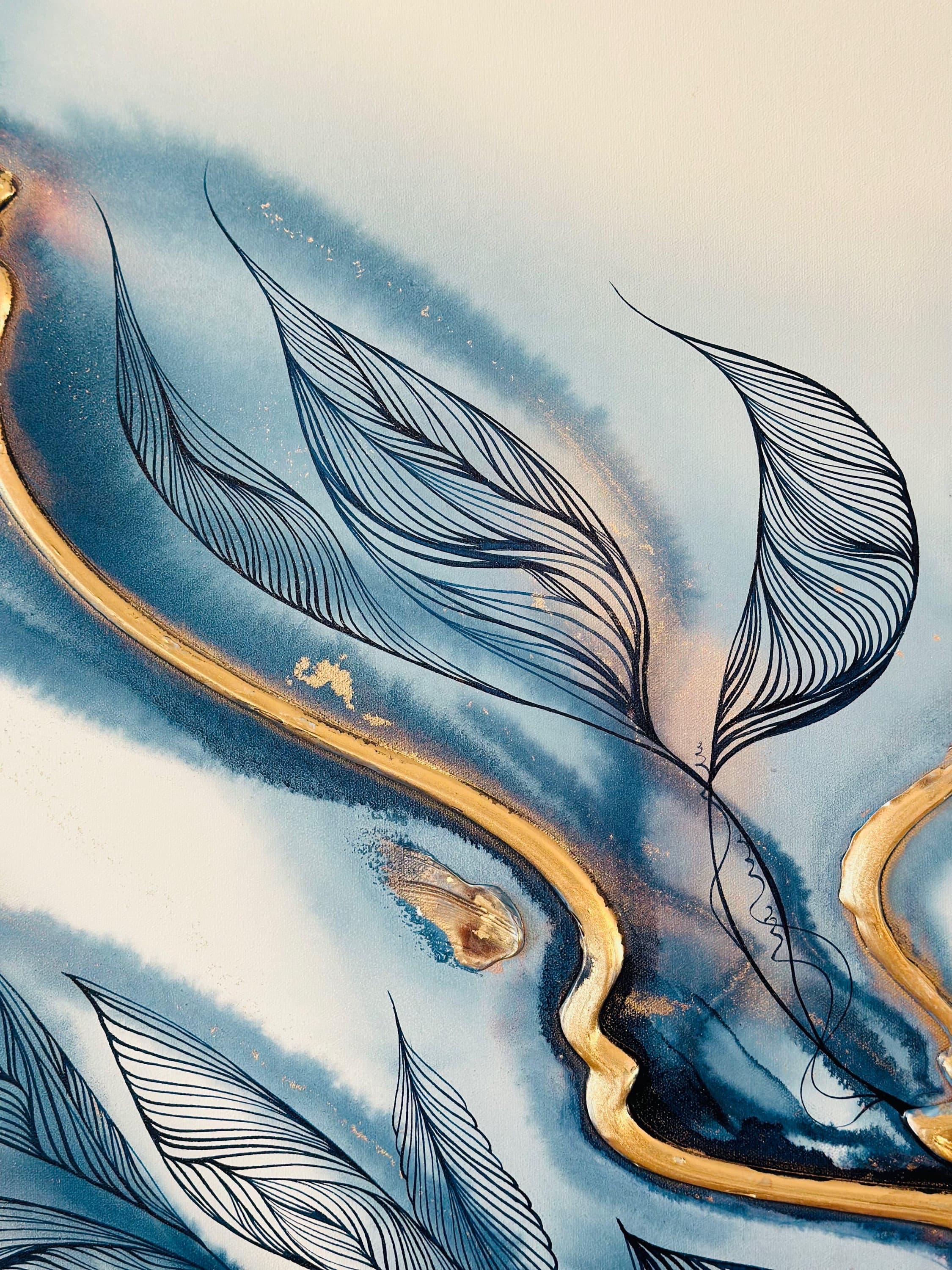 Alcohol ink art — blue and gold feather